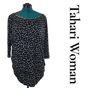 Tahari Woman Black White Polka Dot Embellished Neckline 3/4 Sleeve Top 1X